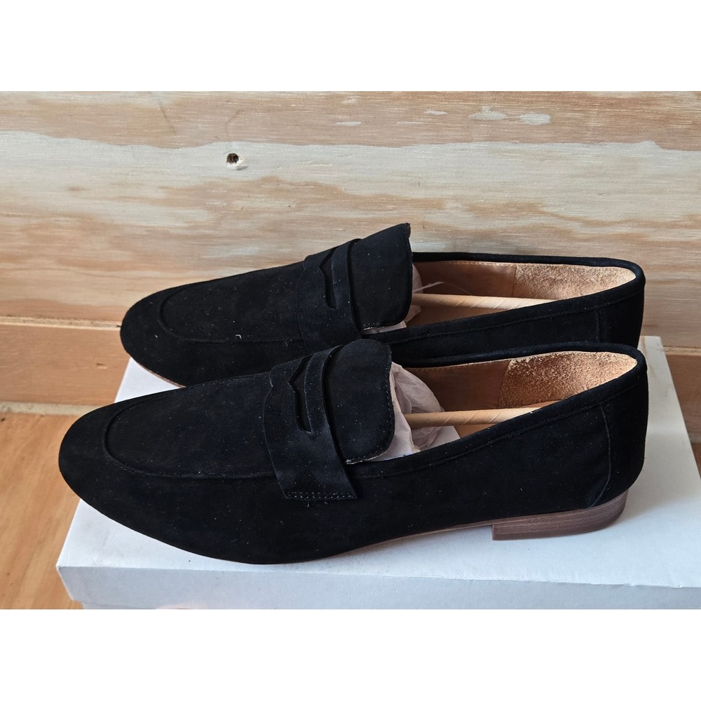Quince Italian Suede Penny Loafer Black Flat Shoes LB48992-LKBV004-17289 Size 10